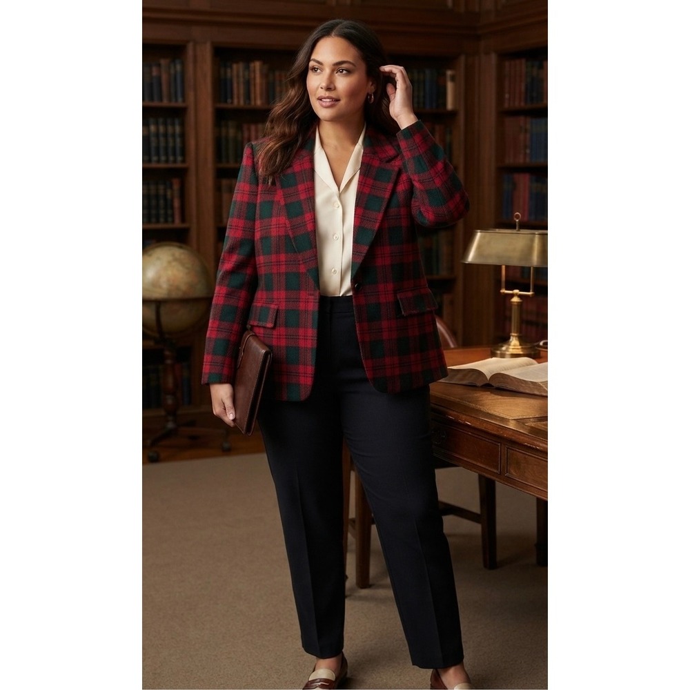Pendleton Blazer Womens 14W Red Green Plaid 100% Virgin Wool Vintage USA Made